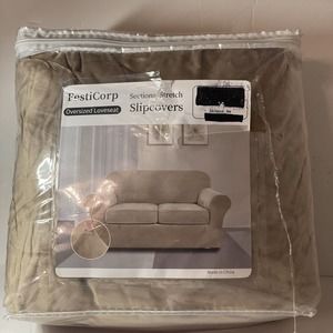 FestiCorp Oversized Loveseat Stretch Slipcover With 2 Seat Cushion Covers Tan